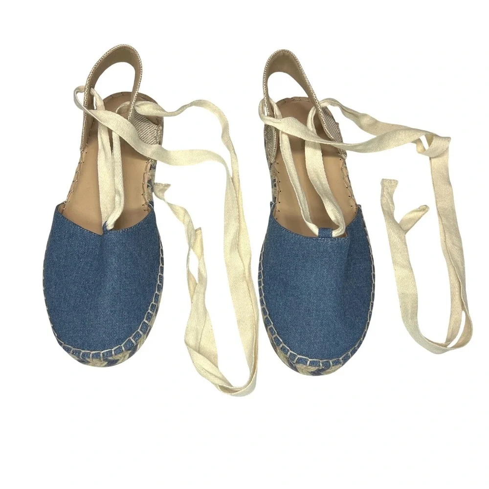 Ann Taylor Loft Chambray Lace Up‎ Espadrille Flats Size 9 EUC